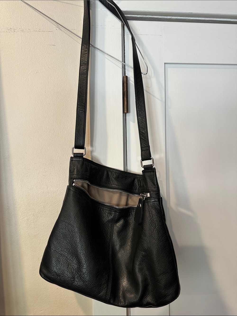 margot Black Pebbled Leather Shoulder Bag with Taupe Interior Zip